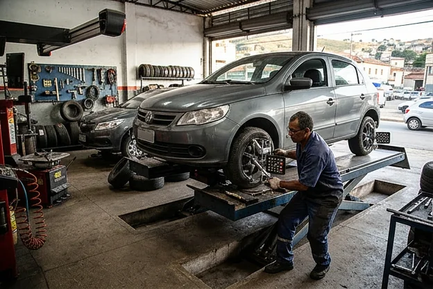 Mecânico realizando alinhamento de rodas em uma borracharia.