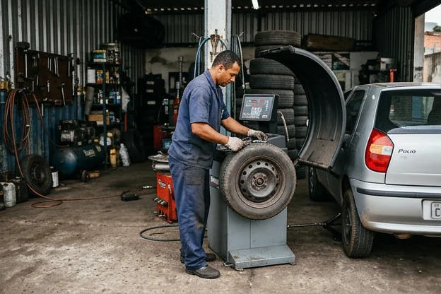 Técnico realizando balanceamento de rodas em uma borracharia.