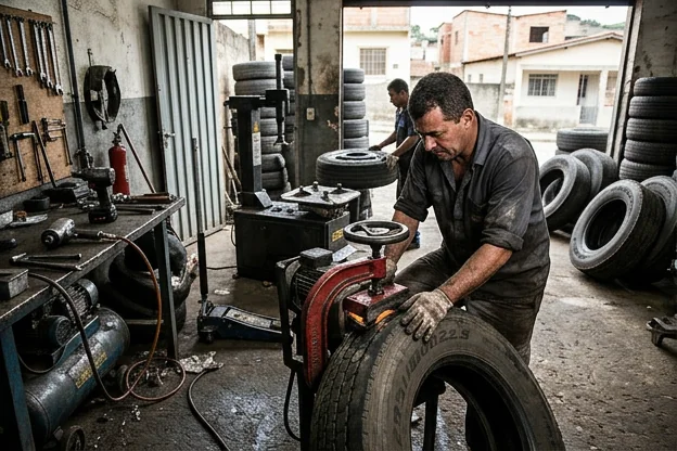 Técnico realizando vulcanização de pneus em uma borracharia.
